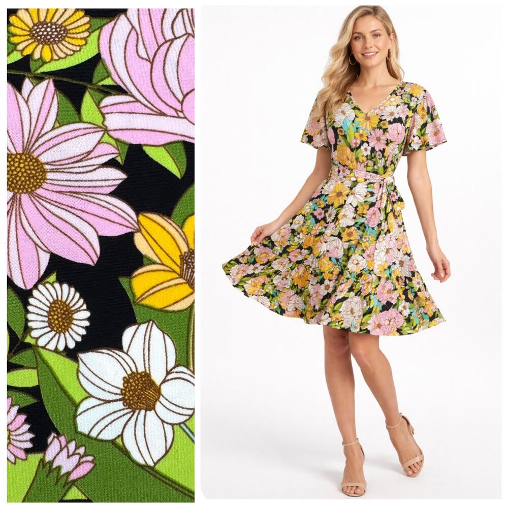 Nina Leonard Black Floral Wrap Dress with Pink, Yellow & White Flowers